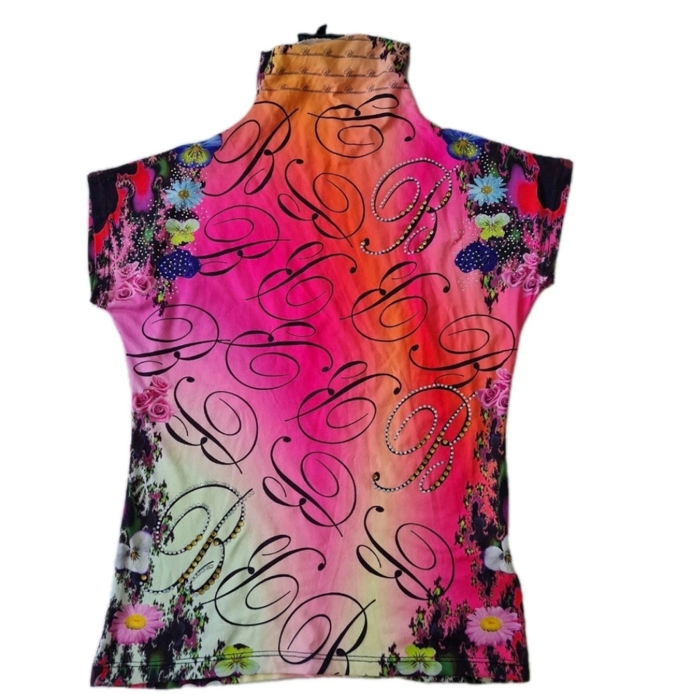 Bluemarine Bluegirl Logo Print Top Neon Ombre Print Pink Orange  Swarovsky S Xs